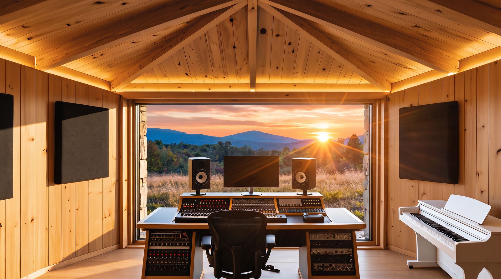 Concept render of a timber control room with a mixing desk facing a large window over the valley