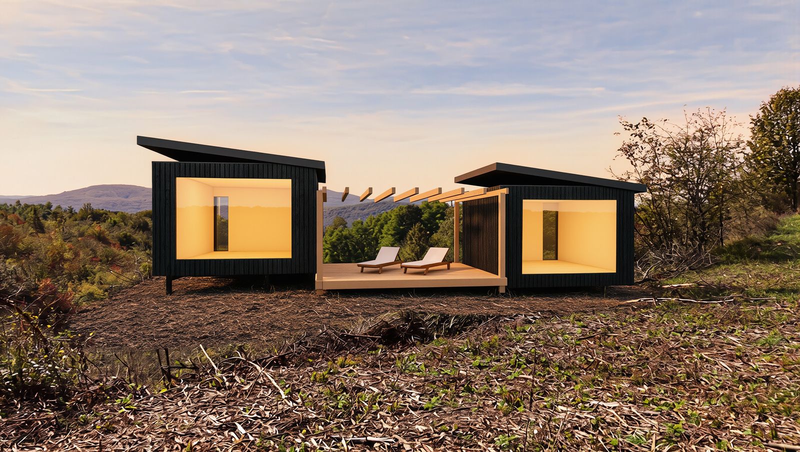 Concept render of two dark timber guest pods with glass fronts at sunset, joined by a deck