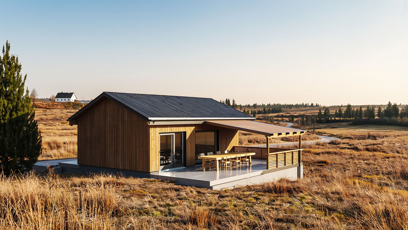 Concept render of the studio and covered terrace in an autumn meadow